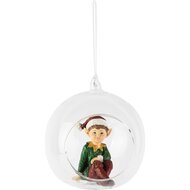 Dekoratief | Hanger globe m/kerstelfje, rood/groen, resina/glas, 10x9x11cm | A265851