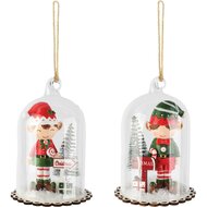Dekoratief | Hanger globe m/kerstelfje, groen/rood, glas, 7x7x11cm, set van 2 stuks | A265263