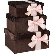 Dekoratief | Set 3 dozen rechthoek m/striklint, bruin/roze, velvet/karton, 28x20x12cm | A265780