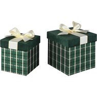 Dekoratief | Set 2 dozen vierkant m/striklint, groen/wit, velvet/karton, 16x16x16cm | A265773