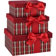 Dekoratief | Set 3 dozen rechthoek m/striklint, rood/groen, velvet/karton, 19x14x8cm | A265765