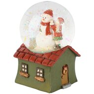 Dekoratief | Waterbol huisje m/sneeuwman, groen/rood, resina/glas, 7x6x10cm | A265718