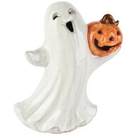 Dekoratief | Spookje m/pompoen, wit/oranje, porselein, LED, 15x10x17cm | A265371