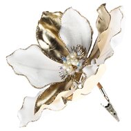Dekoratief | Deco bloem op clip, wit/goud, polyester, 16x16cm | A265530