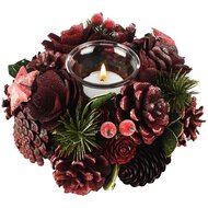 Dekoratief | Tafelstukje m/dennenappels/bloemen, bordeau, naturel, 19x19x9cm | A265575