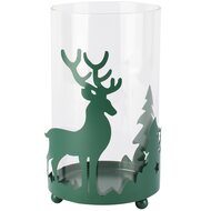 Dekoratief | Theelichthouder m/rendier/bomen, groen, glas/metaal, 12x12x22cm | A265486
