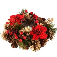 Dekoratief | Tafelstukje rond m/besjes/kerstrozen, naturel/rood, 21x21x7cm | A265503