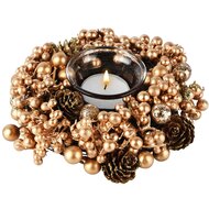 Dekoratief | Tafelstukje rond m/besjes/dennenappels, goud/naturel, 16x16x5cm | A265505