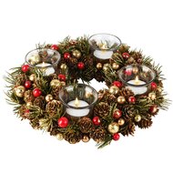 Dekoratief | Tafelstuk rond m/bessen/dennenappels, rood/naturel, 28x28x7cm | A265515