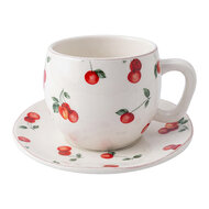 Clayre &amp; Eef | Kop en schotel Wit Rood / 250 ml | 6CEKS0149