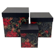 Clayre &amp; Eef | Opbergdoos (3) Zwart Groen 21x21x21 / 18x18x19 / 15x15x18 cm | 67052