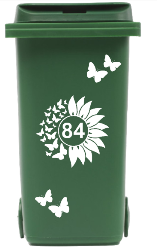 Container Sticker zonnebloem / vlinders met huisnummer | Kliko | Rosami 2