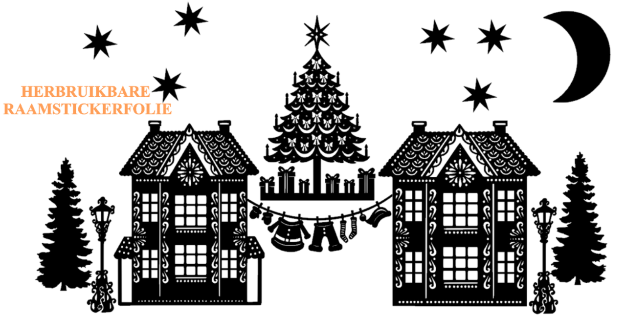 15 delige Raamsticker set herbruikbaar huisjes - kerstboom - lantaarnpaal  - waslijn Kerstman | Rosami Decoratiestickers zwart