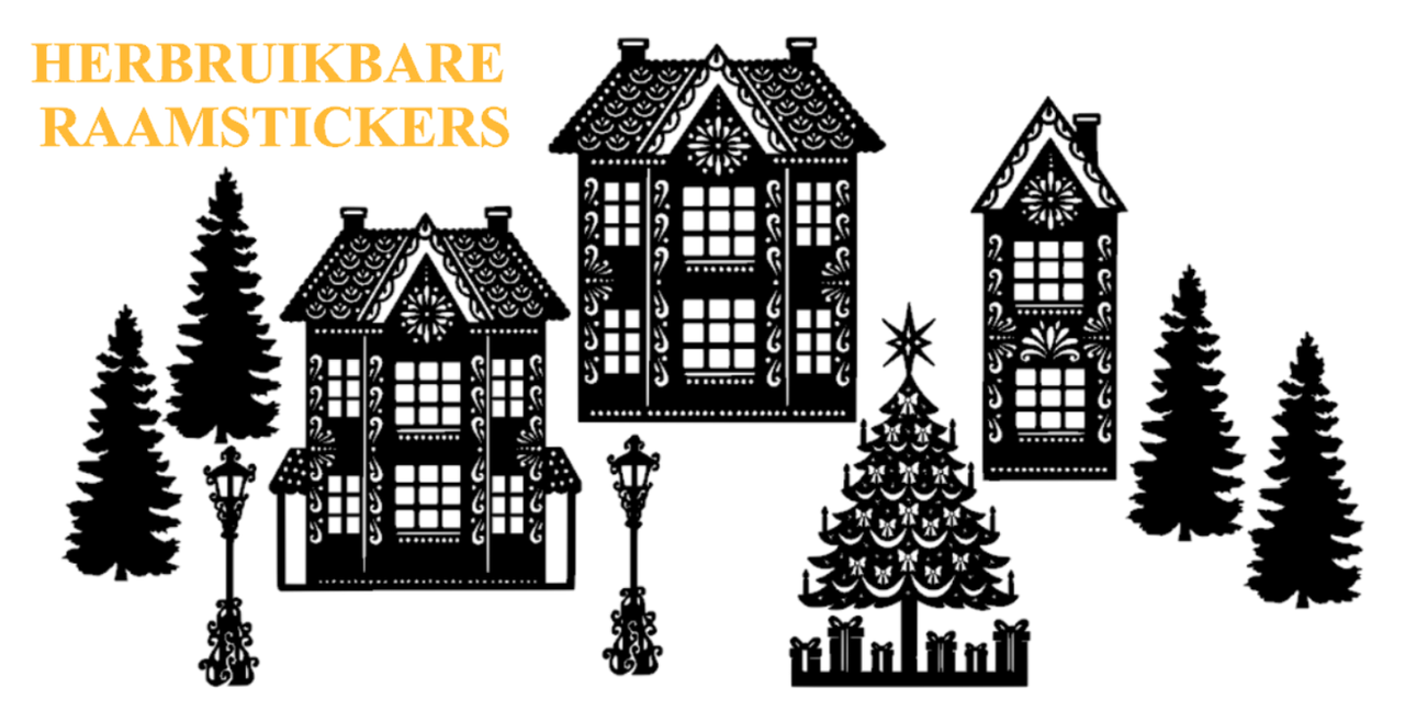 10 delige Raamsticker set herbruikbaar huisjes - kerstboom - lantaarnpaal | Rosami Decoratiestickers zwart