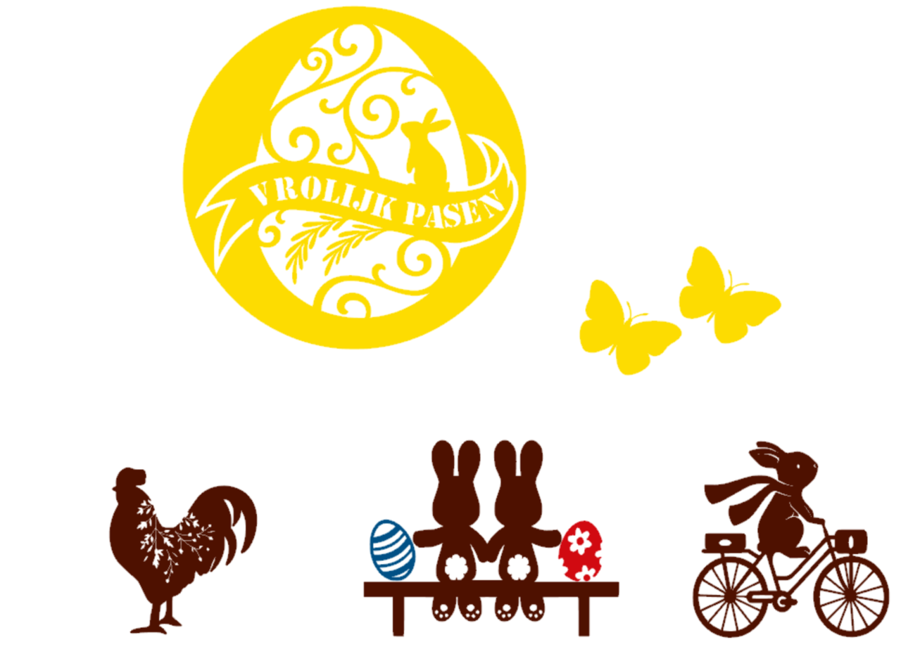 Raamsticker set herbruikbaar vrolijk pasen met kip, vlinders, konijnen op bankje / fiets eieren | Rosami Decoratiestickers