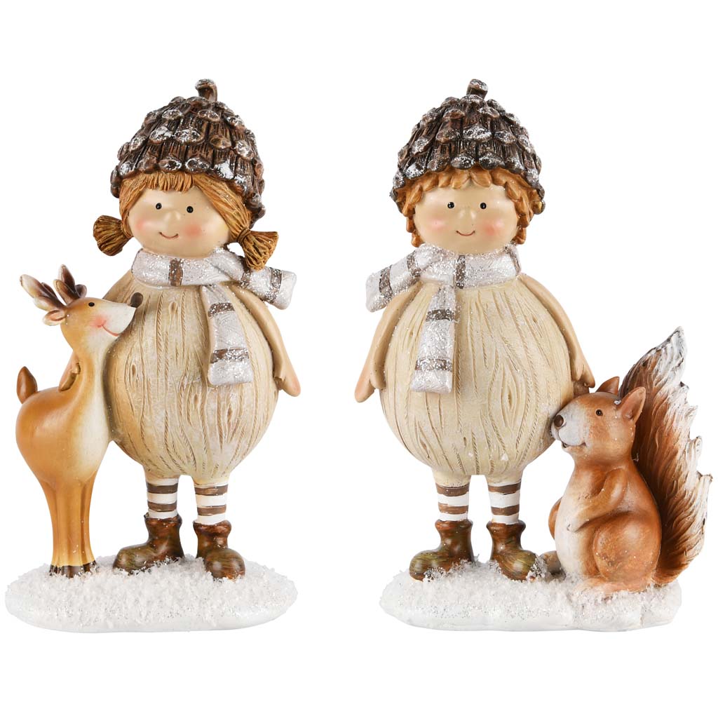 Set van decoratiebeelden kindje met rendier & eekhoorn 18 x 11 x 6 cm| A215888 | Dekoratief Winterdecoratie
