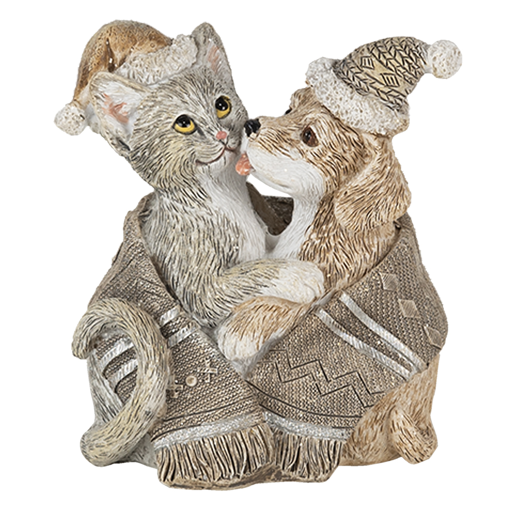 Clayre & Eef | Kerstdecoratie Beeld Kat en Hond Grijs, Wit 8x5x9 cm | 6PR4634