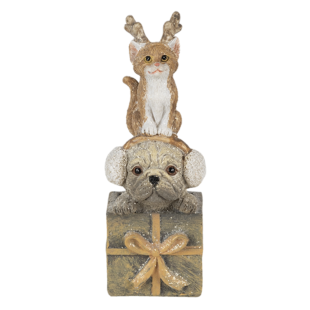 Clayre & Eef | Kerstdecoratie Beeld Kat en Hond Bruin, Wit 5x5x13 cm | 6PR4642