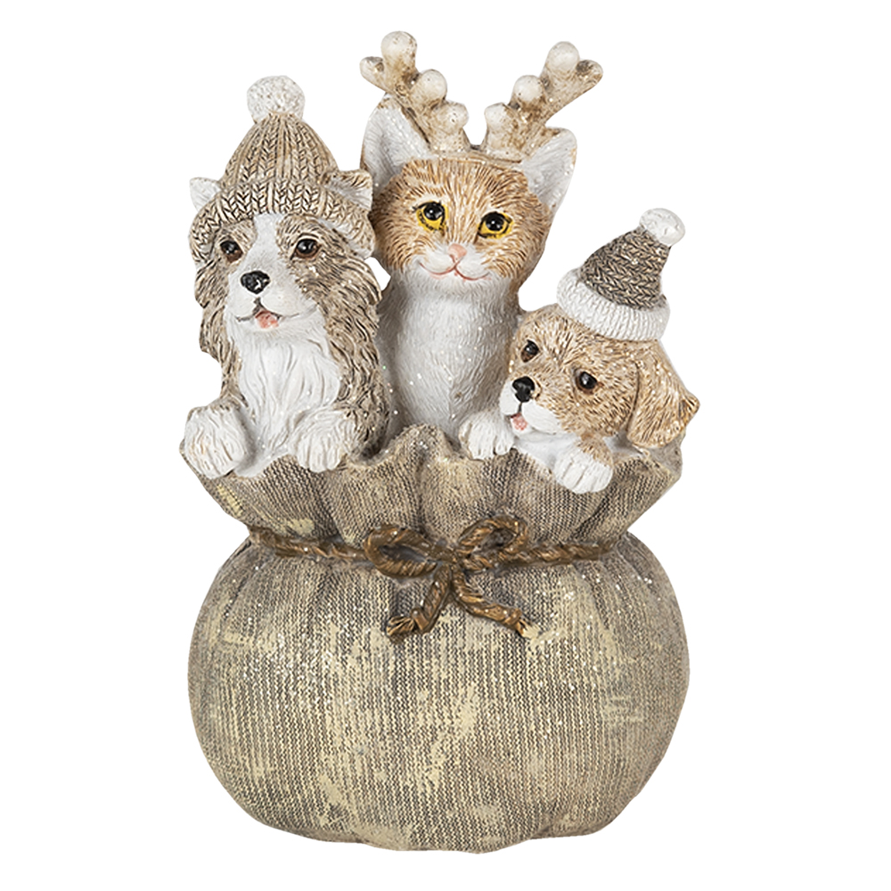 Clayre & Eef | Kerstdecoratie Beeld Honden en kat Bruin Beige Wit 8x7x12 cm | 6PR4644