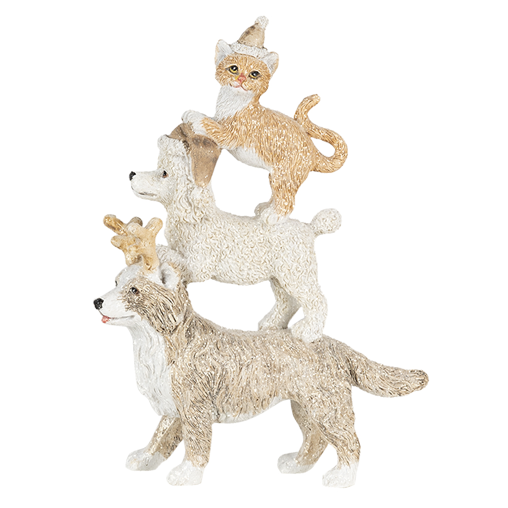 Clayre & Eef | Kerstdecoratie Beeld Honden en kat Grijs, Beige, Wit 12x4x17 cm | 6PR4647