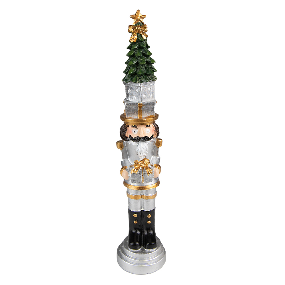 Clayre & Eef | Kerstdecoratie Notenkraker Zilverkleurig 5x5x25 cm | 6PR3706