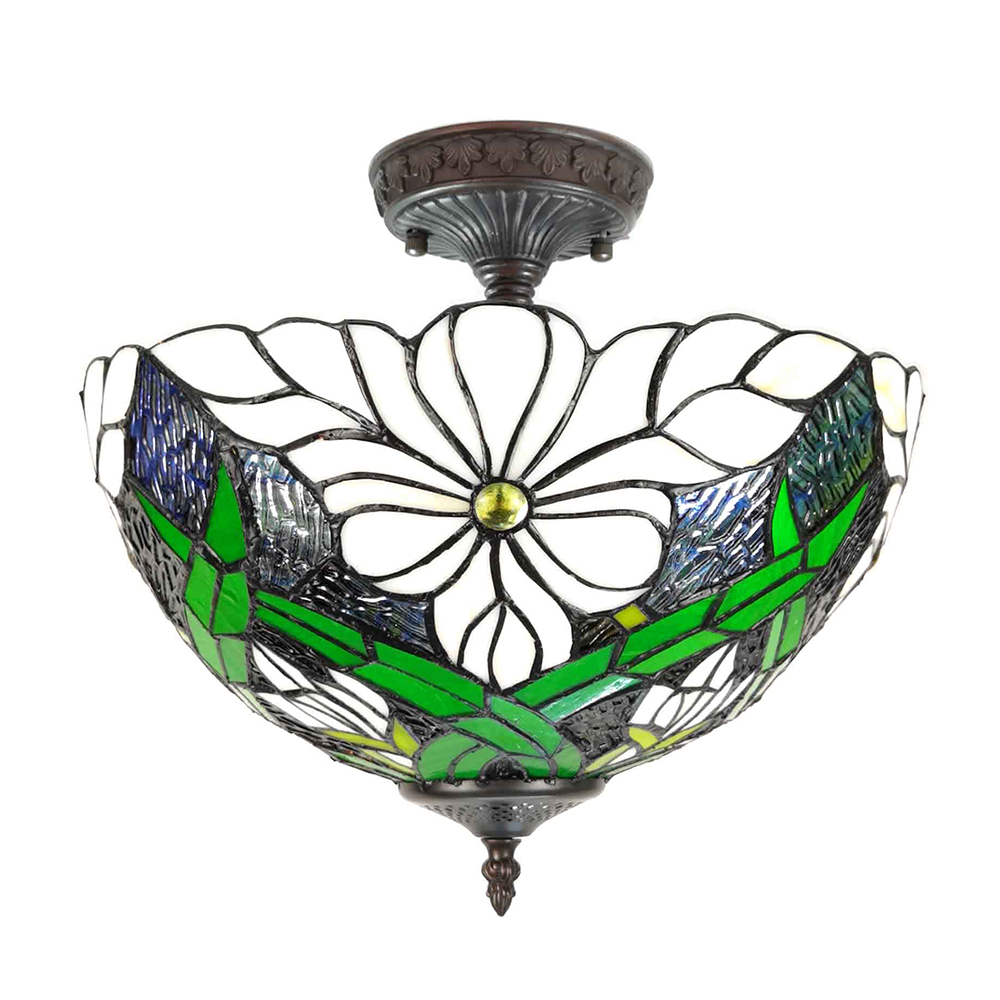Clayre & Eef | Plafondlamp Tiffany Groen, Wit ø 36x35 cm E27/max 2x60W | 5LL-6139