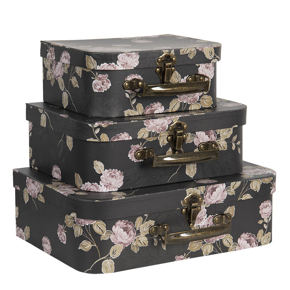 Clayre & Eef | Decoratie koffer Set van 3 Zwart 30x21x9/25x18x9/20x16x8 cm | 64754