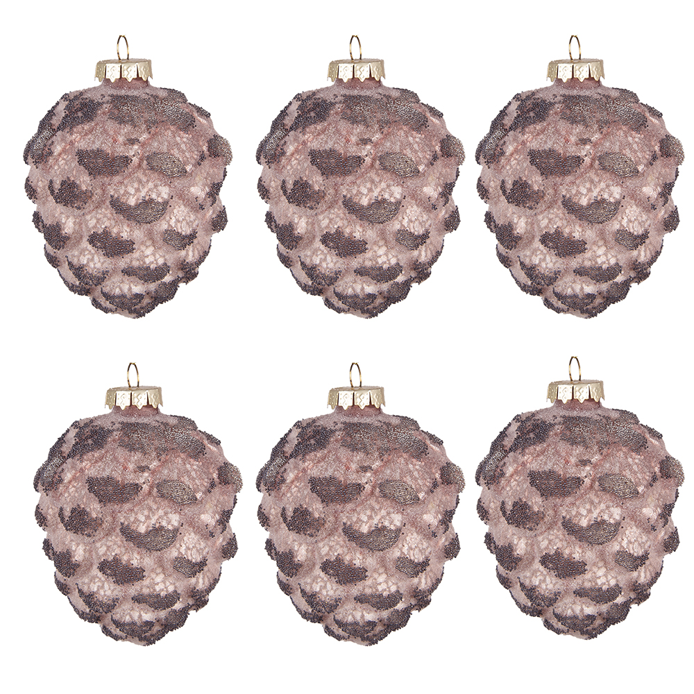 Clayre & Eef | Kerstballen set van 6 Dennenappel Roze ø 8x10 cm | 6GL4121