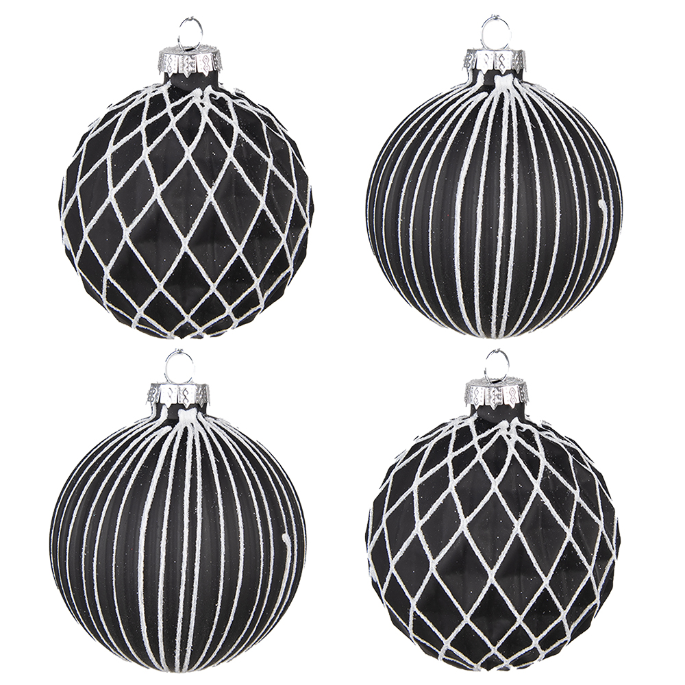 Clayre & Eef | Kerstballen set van 4 Zwart Wit ø 8x8 cm | 6GL4133