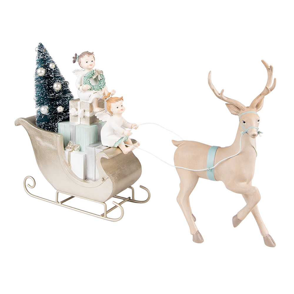 Clayre & Eef | Kerstdecoratie Beeld Slee Beige Groen LED 36x10x26 cm / 2xAAA | 6PR3779