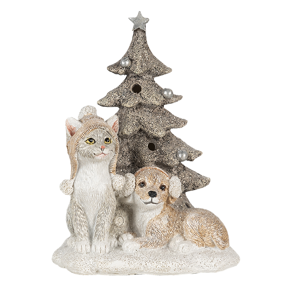 Clayre & Eef | Kerstdecoratie Beeld Honden en kat Wit, Grijs LED 11x9x15 cm | 6PR4628
