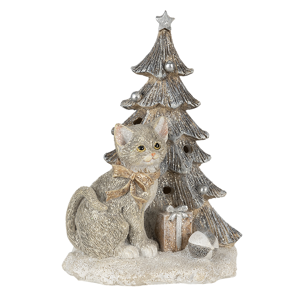 Clayre & Eef | Kerstdecoratie Beeld Kat Grijs, Wit 12x9x16 cm LED | 6PR4629