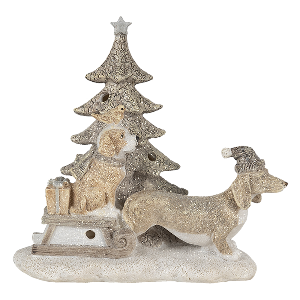 Clayre & Eef | Kerstdecoratie Beeld Honden Grijs, Beige 16x8x15 cm LED | 6PR4630