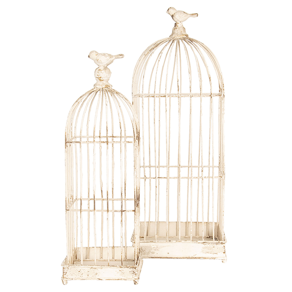 Clayre & Eef | Vogelkooi Decoratie Set van 2 Wit 22x22x58 / 16x16x47 cm | 6Y3533