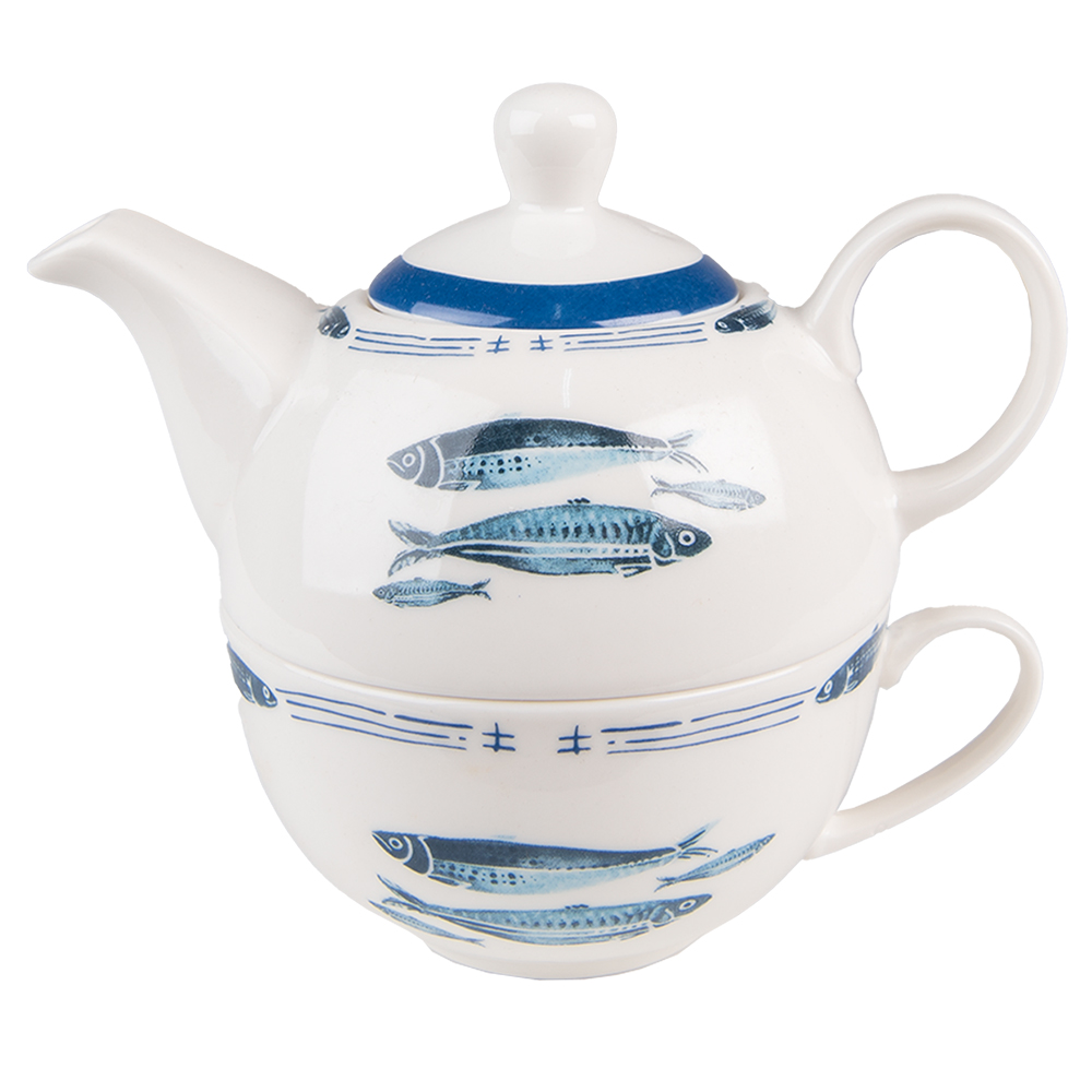 Clayre & Eef | Tea for One Wit Blauw 17x11x14 cm / 400 ml / 250 ml | FIBTEFO