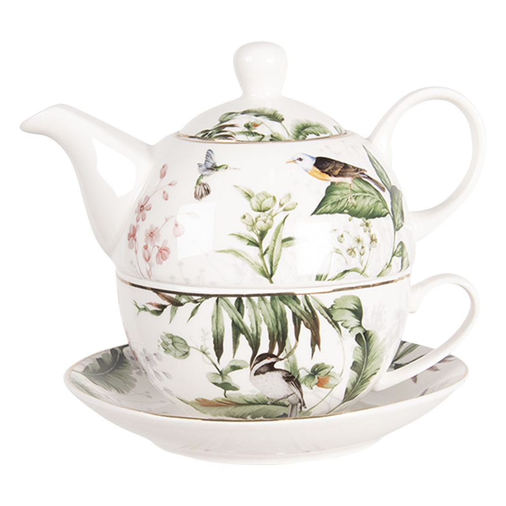 Clayre & Eef | Tea for One Wit Groen 16x15x14 cm / 460 ml | TRBTEFO