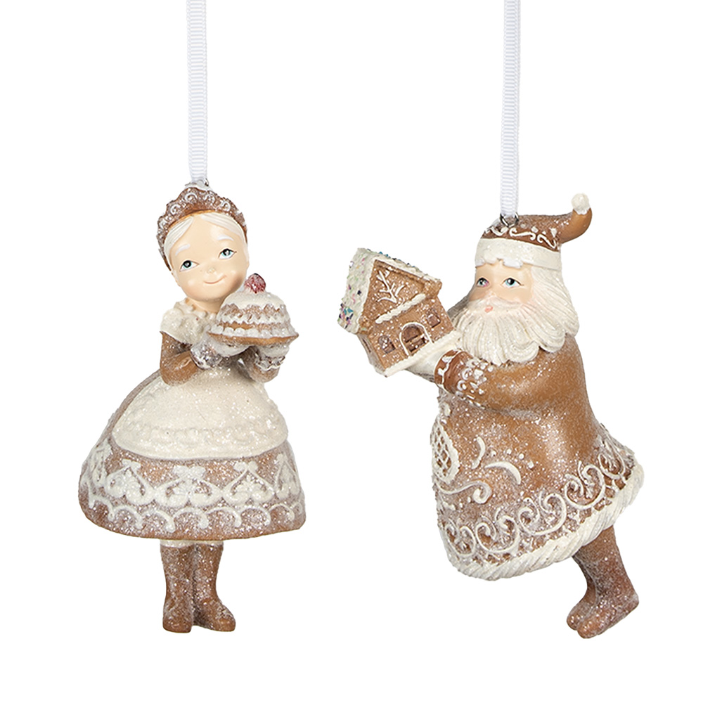 Clayre & Eef | Hanger kerstman en kerstvrouw (set van 2) Bruin, Beige 9x7x13 cm / 8x6x13 cm | 6PR3902