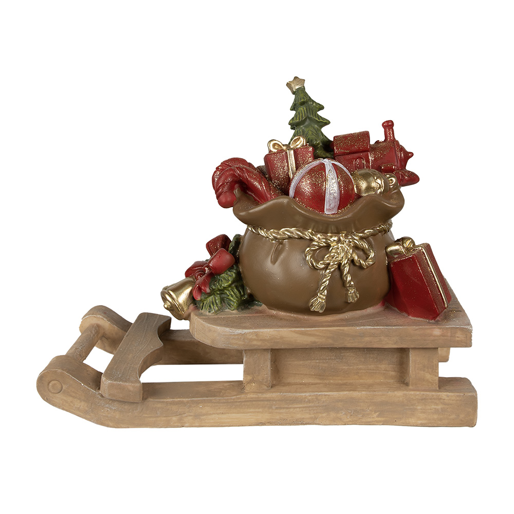 Clayre & Eef | Decoratie kerstcadeaus op slee Bruin, Rood 38x16x29 cm | 6PR3908