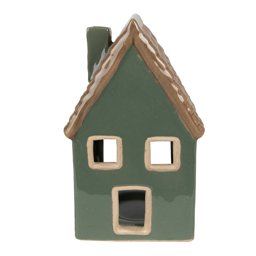 Clayre & Eef | Theelichthouder Kerst Huisje Groen, Bruin 9x8x15 cm | 6CE1601