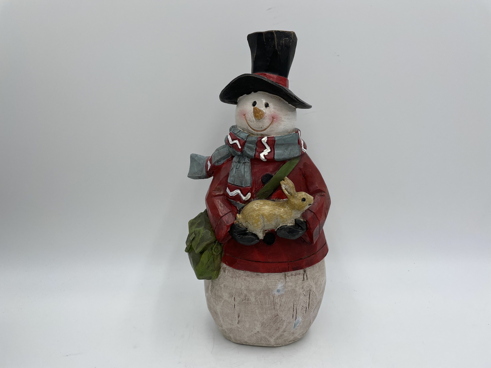 Sneeuwman sjaal pop hout rood wit groen decoratie beeld 28 cm met konijn & tas | US1170050B | Home Sweet Home