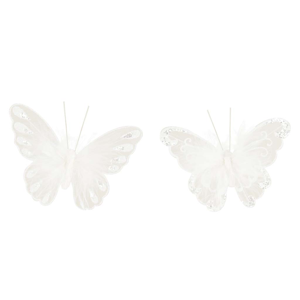 Dekoratief | Clip m/vlinder, wit, 16cm, set van 2 stuks | A190576