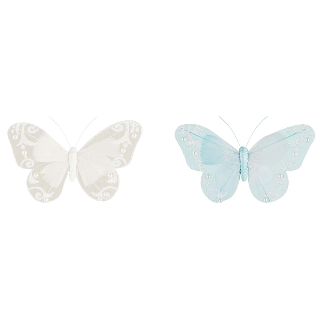 Dekoratief | Clip m/vlinder, blauw/wit, 12cm, set van 2 stuks | A190578