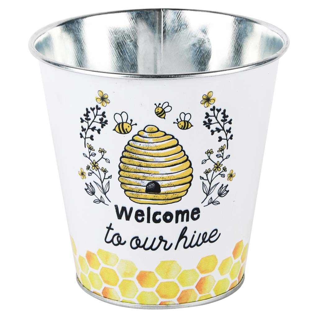 Dekoratief | Bloempot blik 'Welcome to our bee hive', 13x13x10cm | A210676