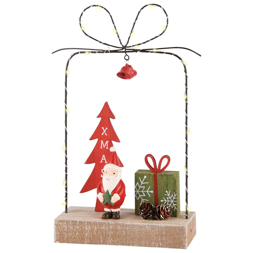 Dekoratief | Cadeautje m/santa, rood/groen, hout/metaal, LED, 19x6x27cm | A215772