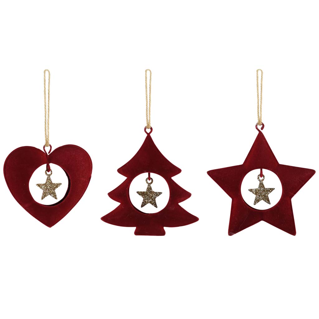 Dekoratief | Hanger hart/boom/ster, rood/goud, velvet, 7x8x1cm, set van 3 stuks | A215786