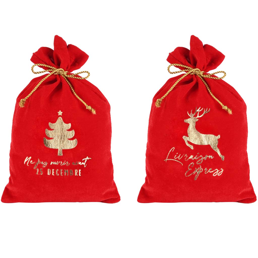Dekoratief | Kerstzak rood 'Livraison Express', fluweel, 18x28cm, set van 2 stuks | A218343
