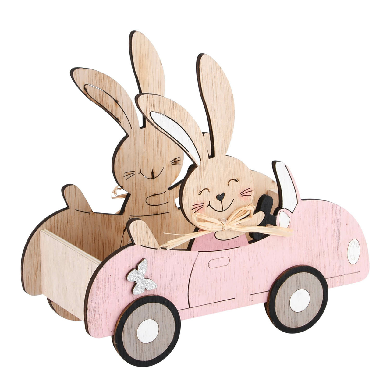 Dekoratief | Bakje bunny in auto, roze/naturel, hout, 20x10x18cm | A220184