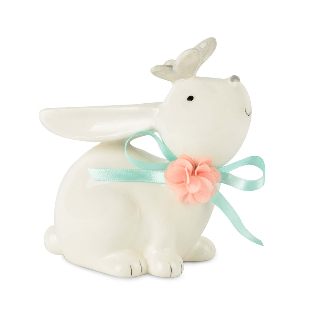 Dekoratief | Bunny met bloemenstrikje, keramiek, wit, 12x7x12cm | A200280