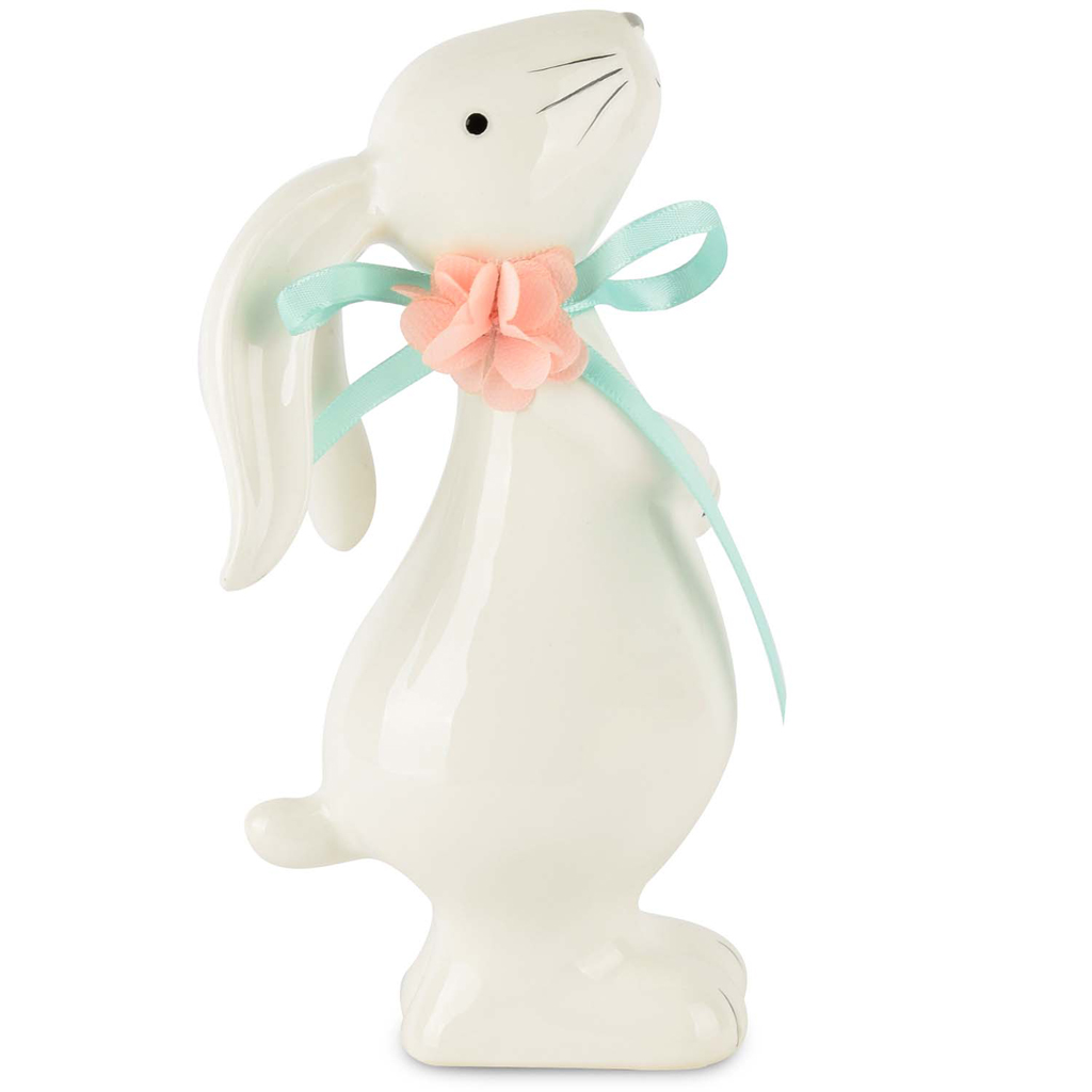 Dekoratief | Bunny staand met bloemenstrikje, keramiek, wit, 9x6x17cm | A200281