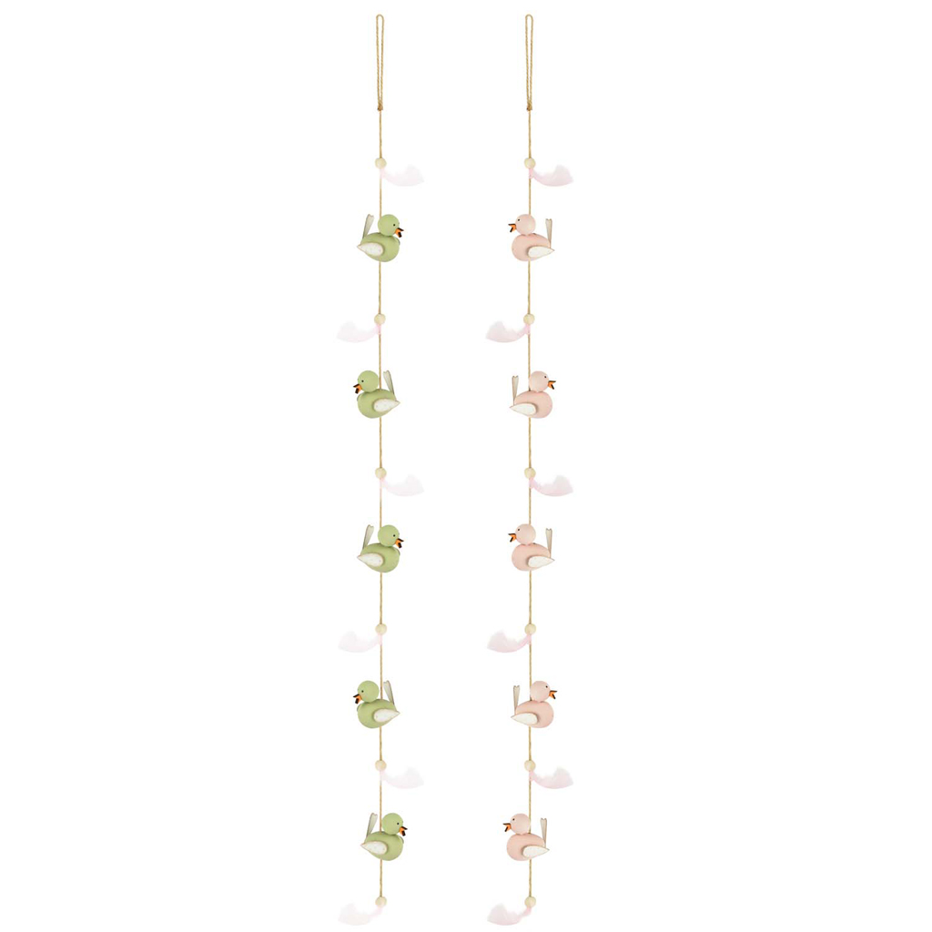 Dekoratief | Guirlande m/vogels en veren, groen/roze, 105x5x3cm, set van 2 stuks | A200593